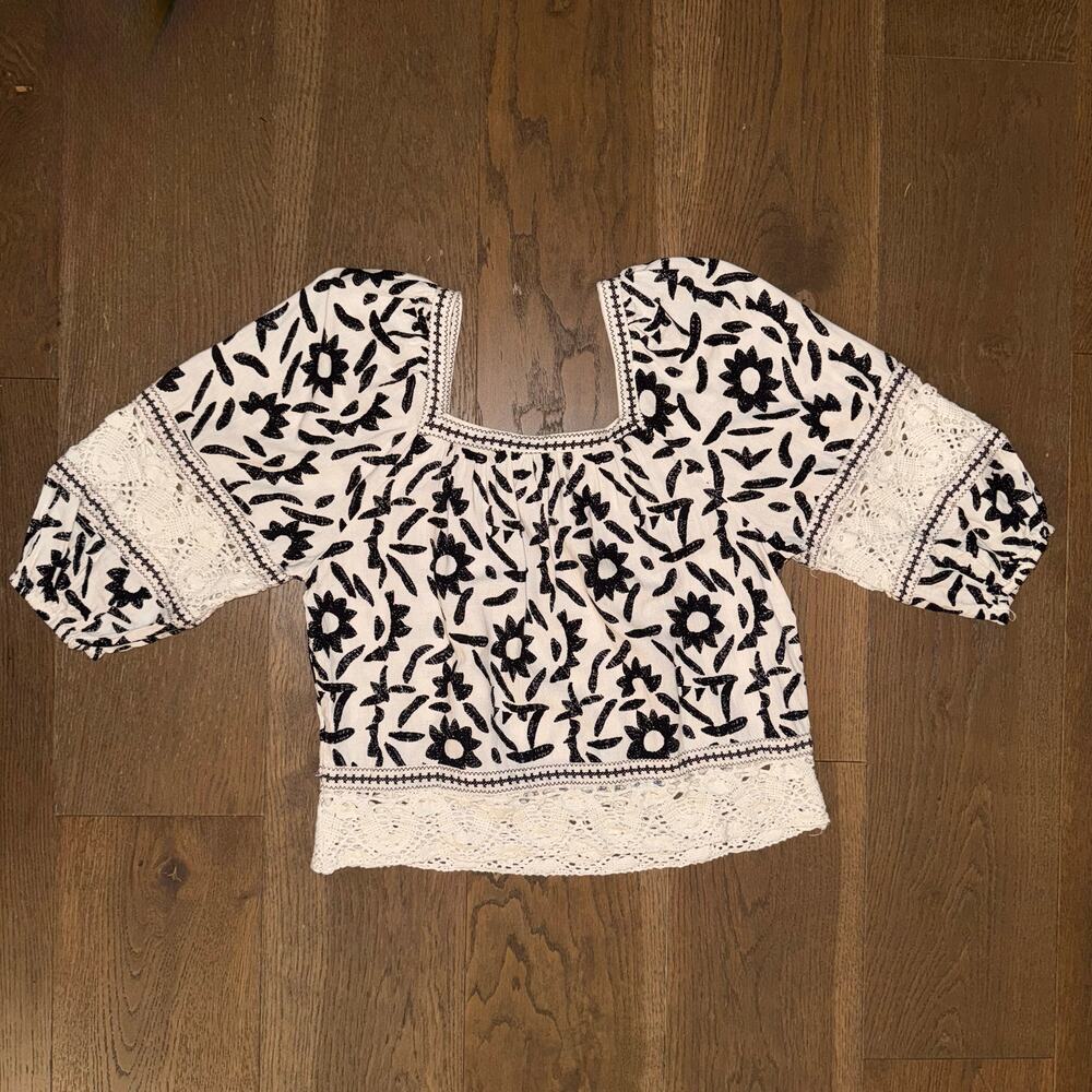 Christian Siriano Boho Linen Cropped Square-Neck Top with Lace Size XS - Picture 2 of 4